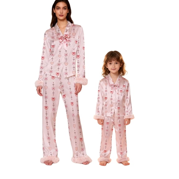 AIGUR Mommy and Me Satin Pajamas Set Adorable Heart Print Long Sleeve Turn Down Collar Tops and Pants, Family Matching Sleepwear