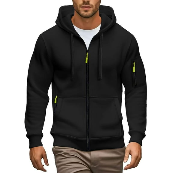 Puliio Mens Zipper Hoodies Autumn Winter Fashion Design Solid Color Fall Sleeved Drawstring Hooded Sweatshirt Casual Outdoor Zip Up Pocket Hoody Pullover Tops