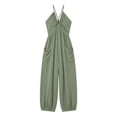 thumbnail image 5 of Women's Deep V-Neck Jumpsuit, Sleeveless With Fold Pocket & Back Ties, Ankle Strap Long Pants For Elegant Evening Look Army Green M, 5 of 6