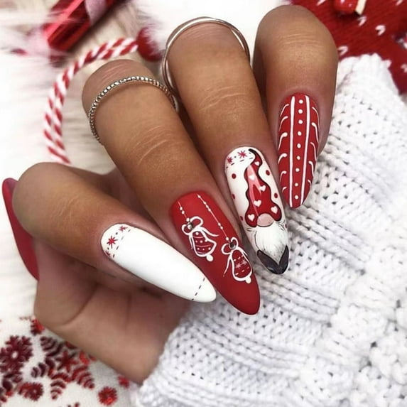 24pcs Press on Nails Almond Ballerina Red Green Long Short French Coffin Fake Nails Snowflake Christmas Elves Z114