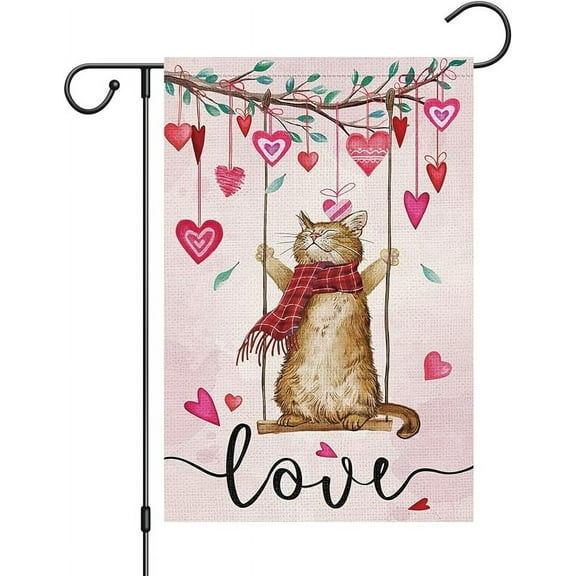 Garden Flag Double Sided, Small Burlap Welcome Cat Love Heart for Spring Yard Wedding House Outdoor Decor
