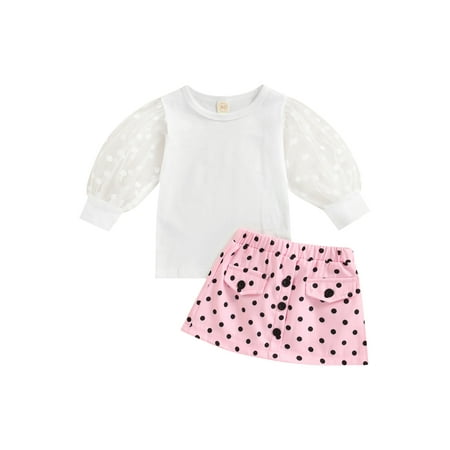 

Canrulo Summer Baby Girls 2pcs Clothes Mesh Long Puff Sleeve Tops+Polka Dot Printed A-Line Skirts Sets Pink 12-18 Months