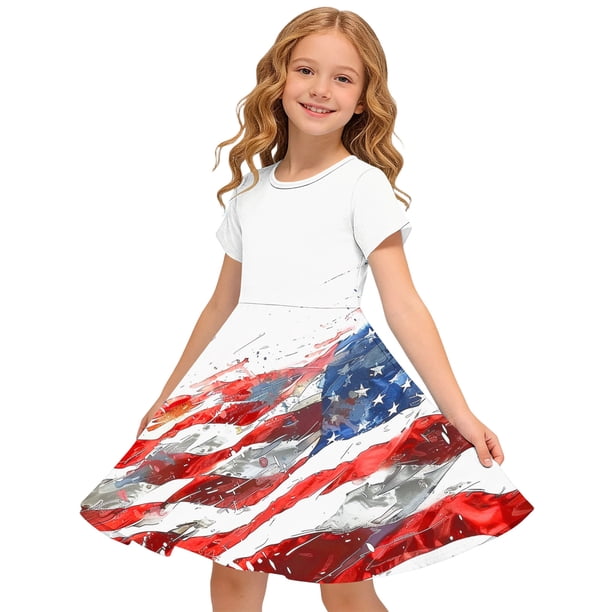 Odeerbi Niñas Día de La Independencia Vestido de Línea A Verano Patriótico Cuello Redondo Manga Corta Vestido Casual