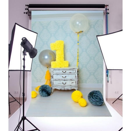 GreenDecor Polyester Fabric 5x7ft Photography Backdrop 1st Birthday Decorations Indoor Damask Light Blue Wallpaper Balls Balloon Scene Photo Background Children Baby Adults Portraits (Best Lighting For Indoor Photography)