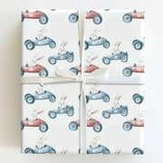Watercolor Bunny Rabbits Driving Red and Blue Vintage Race Cars Gift Wrapping Paper