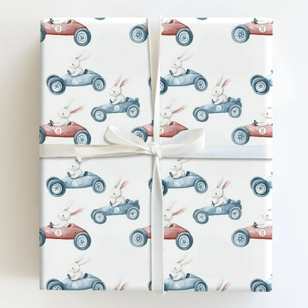 Watercolor Bunny Rabbits Driving Red and Blue Vintage Race Cars Gift Wrapping Paper