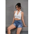 thumbnail image 4 of Plus Size Women's High Waist Denim Shorts with Star Embroidery, Stretch, Frayed Hem, 4 of 6