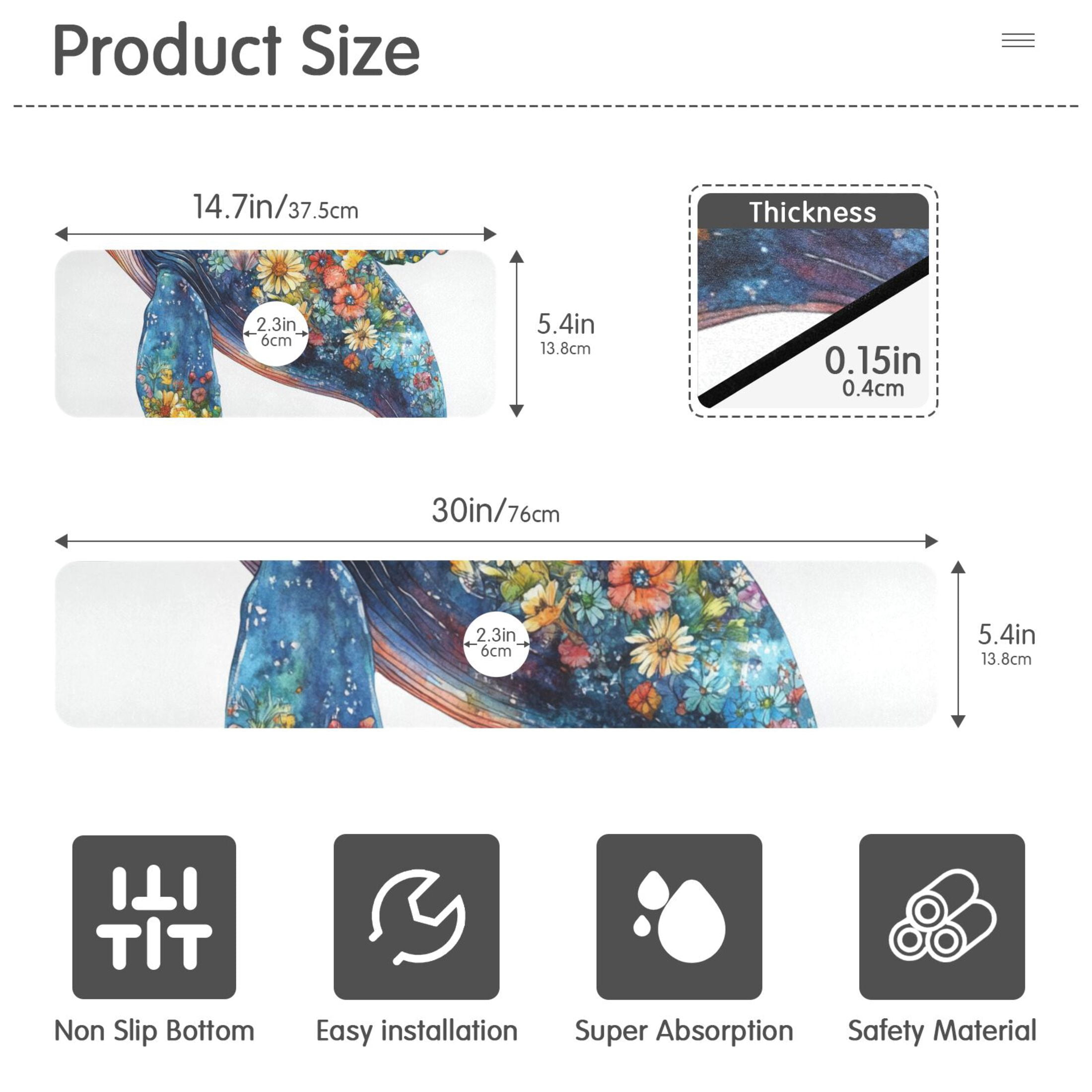 Flowers Whale Sink Splash Guard Faucet 30x5.4in Drying Mat Drying Mat Absorbent Pad for Bathroom Kitchen 2PCS