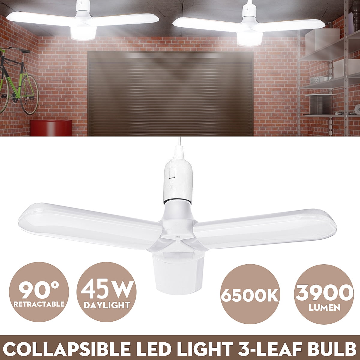 LED Folding Garage Light Wide Voltage Three-leaf Fan Blade Bulb E27 36/45W Lot 