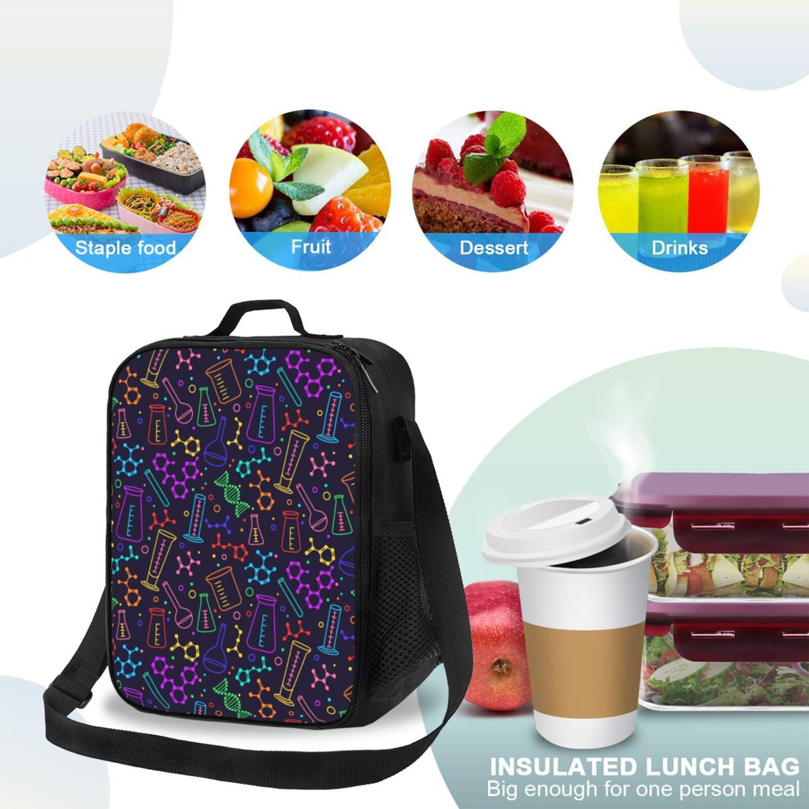 Defioc Chemistry Science Print Lunch Box for Men & Women, Insulated Lunch Bag Thickened Thermal Leakproof Lunch Tote Bag for Adult Office Travel Picnic