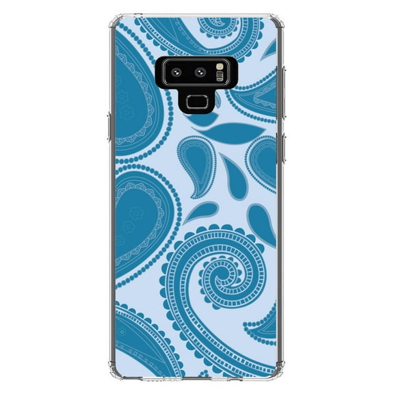 DistinctInk Clear Shockproof Hybrid Case for Samsung Galaxy Note 9 - TPU Bumper, Acrylic Back, Tempered Glass Screen Protector - Big Blue Paisley