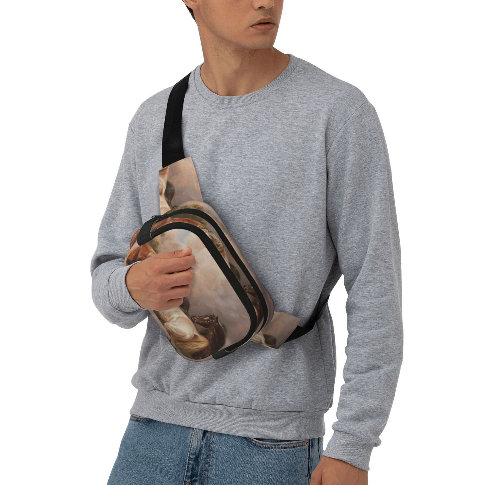 Picia Three Horses Oil Painting Print Square Double-Layer Waist Bag Mini Adjustable Waist Belt Bag Exercise Running Travel Hiking