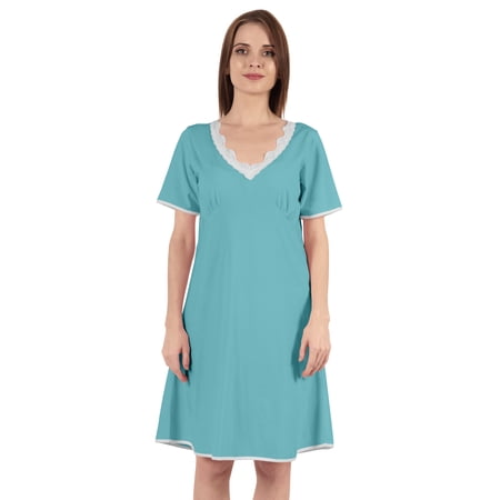 Inkmeso Solid Nightgown Dress For Women Nightwear Lace short sleeve Loungewear Tunic