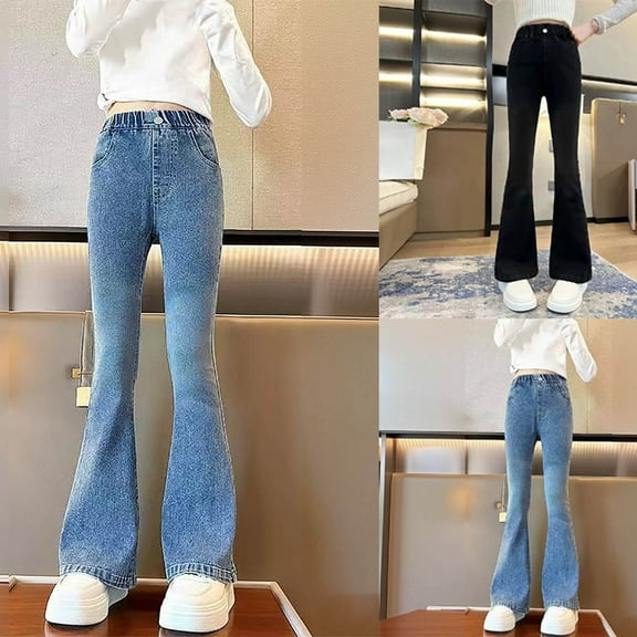 MKOSPLRT Girl's Flare Jeans 5-15Y Long Bell Bottom Wide Leg Denim Elastic Waist Wash Bootcut Jeans Slim Fit Flare Pants with Pockets