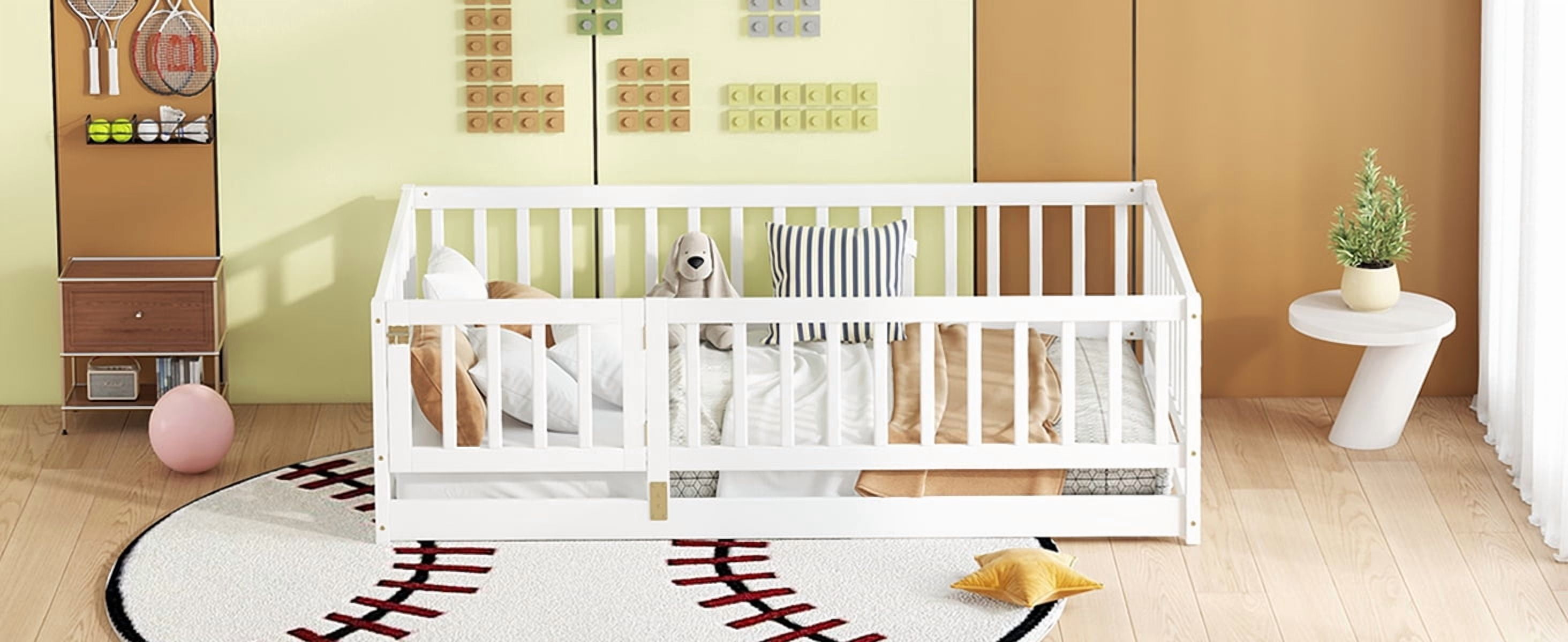 Twin Size Floor Bed with Slats, Montessori Floor Bed with Fence and Door, Kids Montessori Bed Twin Size, Wood Montessori Floor Bed for Kids, Girls, Boys(Twin White)