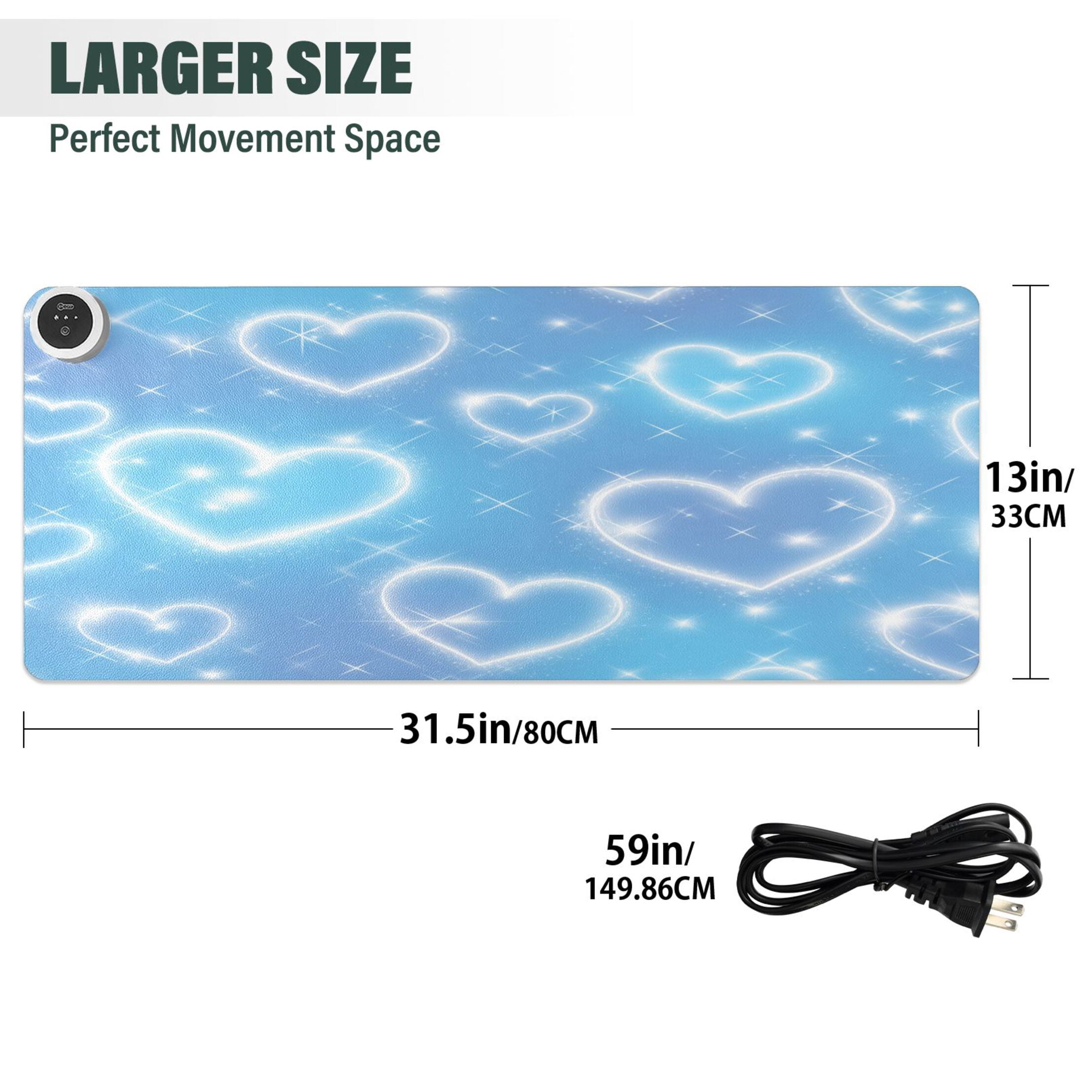 Large Heated Desk Mat Mouse Pad 31.5"x13"PU Leather Graphene Heating Desk Warmer with 3 Temperature Settings 110V US Plug Non-Slip Warm Pad for Home, Office, and Gaming Blue Diamond Heart Shower