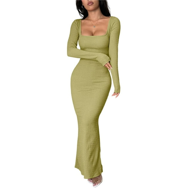 Vestido Informal de Larga para Mujer, con Escote Cuadrado, Suave, Ajustado, para y Otoño. Verde Hierba L