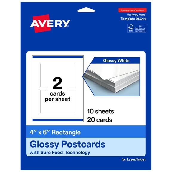 Avery Printable Rectangle Cards, 4" x 6", Glossy White, 20ct