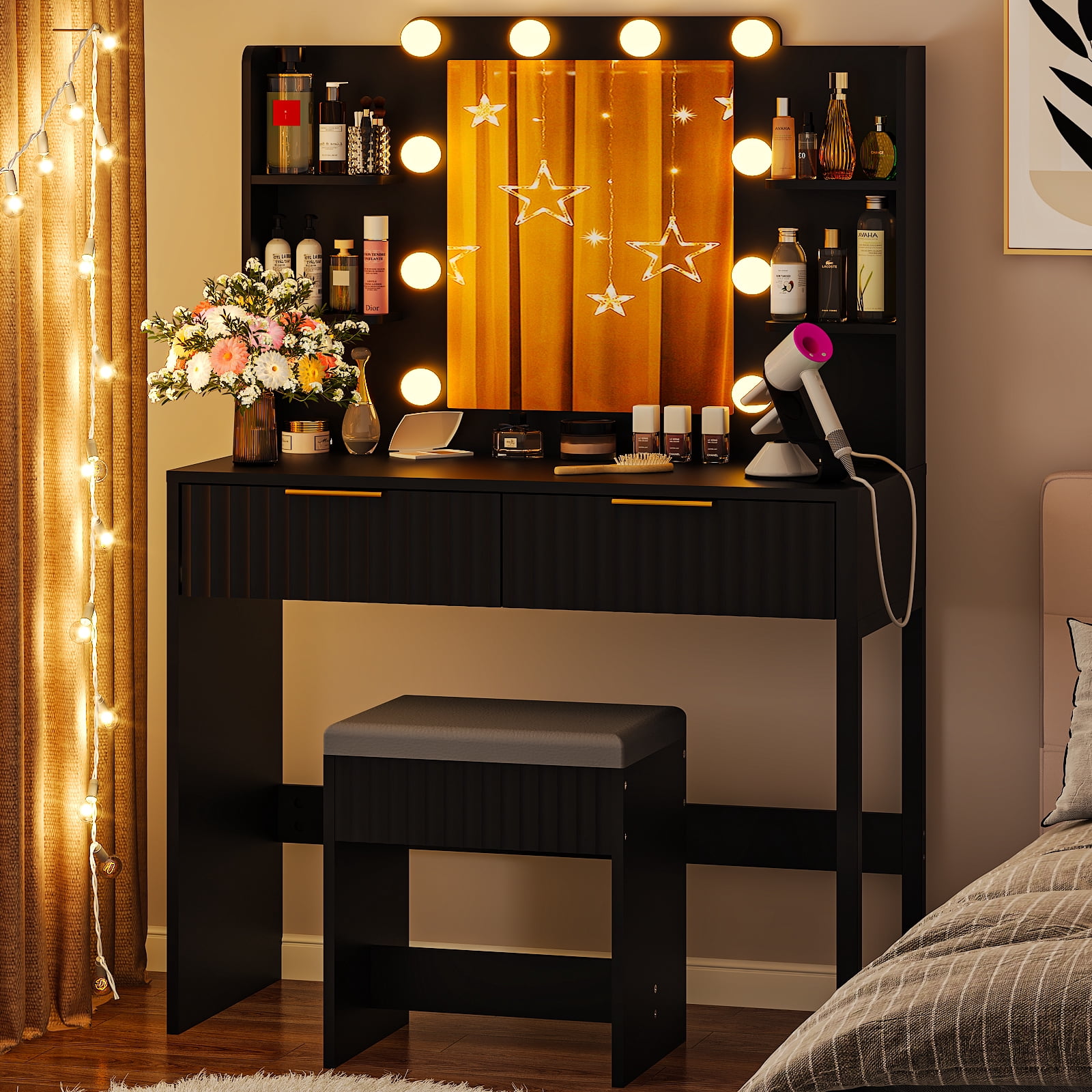 Ktaxon Lighted Makeup Vanity and Stool, Black Vanity Table Set with 2 Drawer and Charging Station, Femal Gift