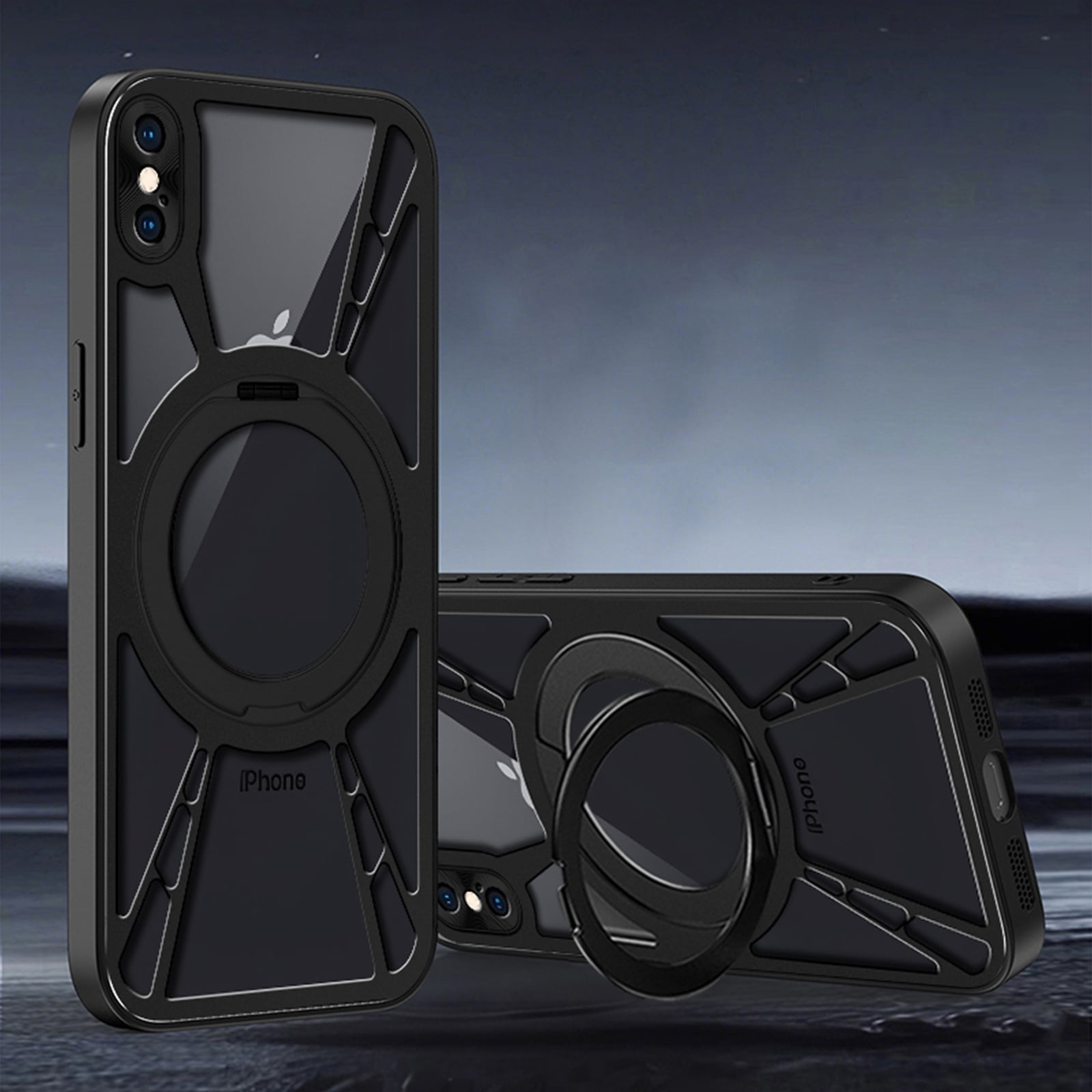 Mecha Style Magnetic Case For iPhone XS Max with Foldable Kickstand, Compatible with MagSafe, Slim Hollow-Out Metal Cover, Shockproof Rugged Bumper Case For iPhone XS Max,Black