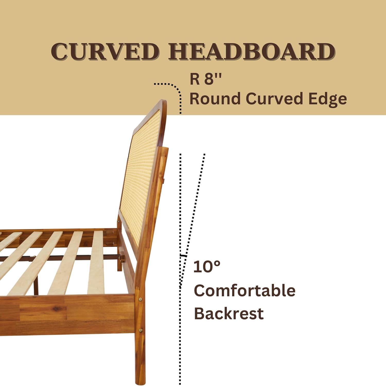 Aurelia King Solid Wood Bed Frame with Rattan Headboard - Bohemian & Mid Century Modern Style - Wood Slat Support - No Box Spring Needed - Easy Assembly - Caramel