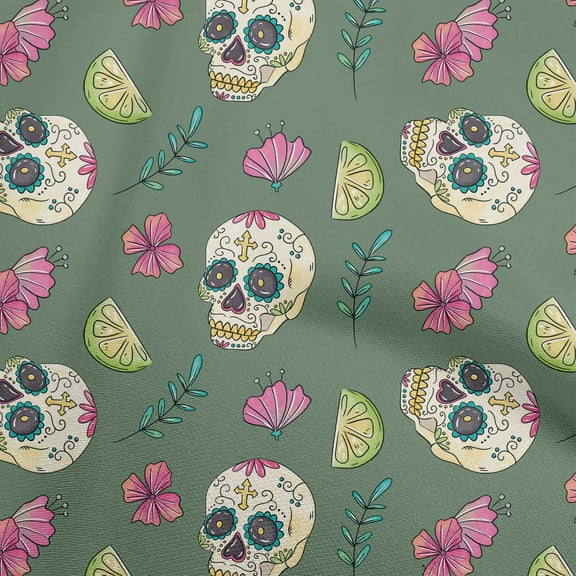 oneOone Georgette Viscose Pear Green Fabric Skull Fabric For Sewing Printed Craft Fabric By The Yard 42 Inch Wide