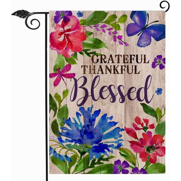 SM-XLHN Grateful Thankful Blessed Thanksgiving Garden Flag, Decorative Small Outdoor Flag Flower, Rustic Burlap Christmas House Yard Flag Spring Outside Holiday Decoration Home Decor Flag 12.5 x 18