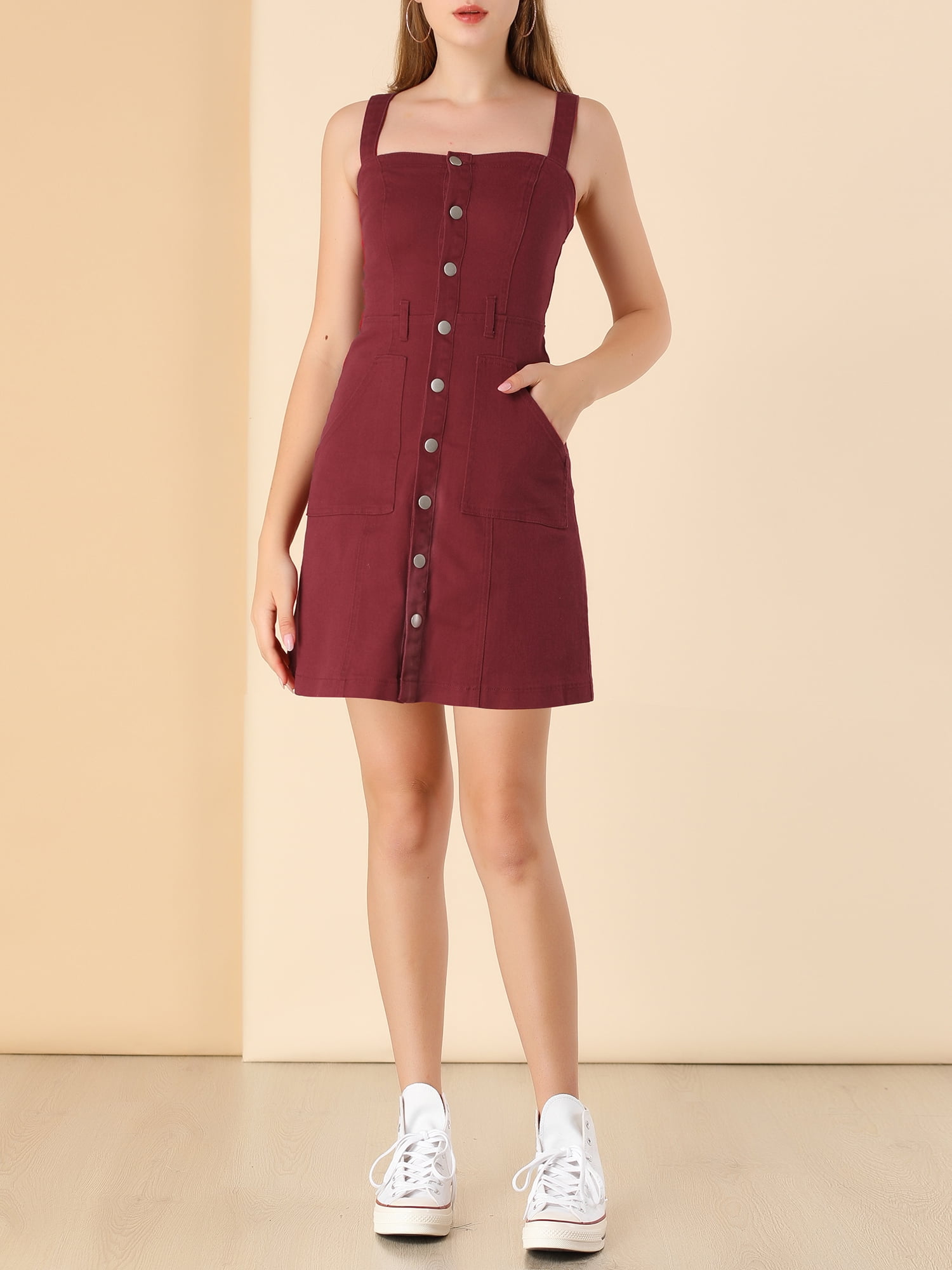 Unique Bargains Junior's Adjustable Strap a-Line Overall Denim Dress
