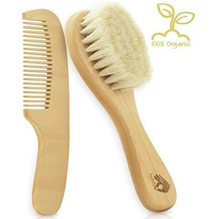 Natural Soft Newborn Baby Brush Set | Organic Goat Hair Bristles with Eco-Friendly Wood Handle | Wooden Infant Cutie Comb by