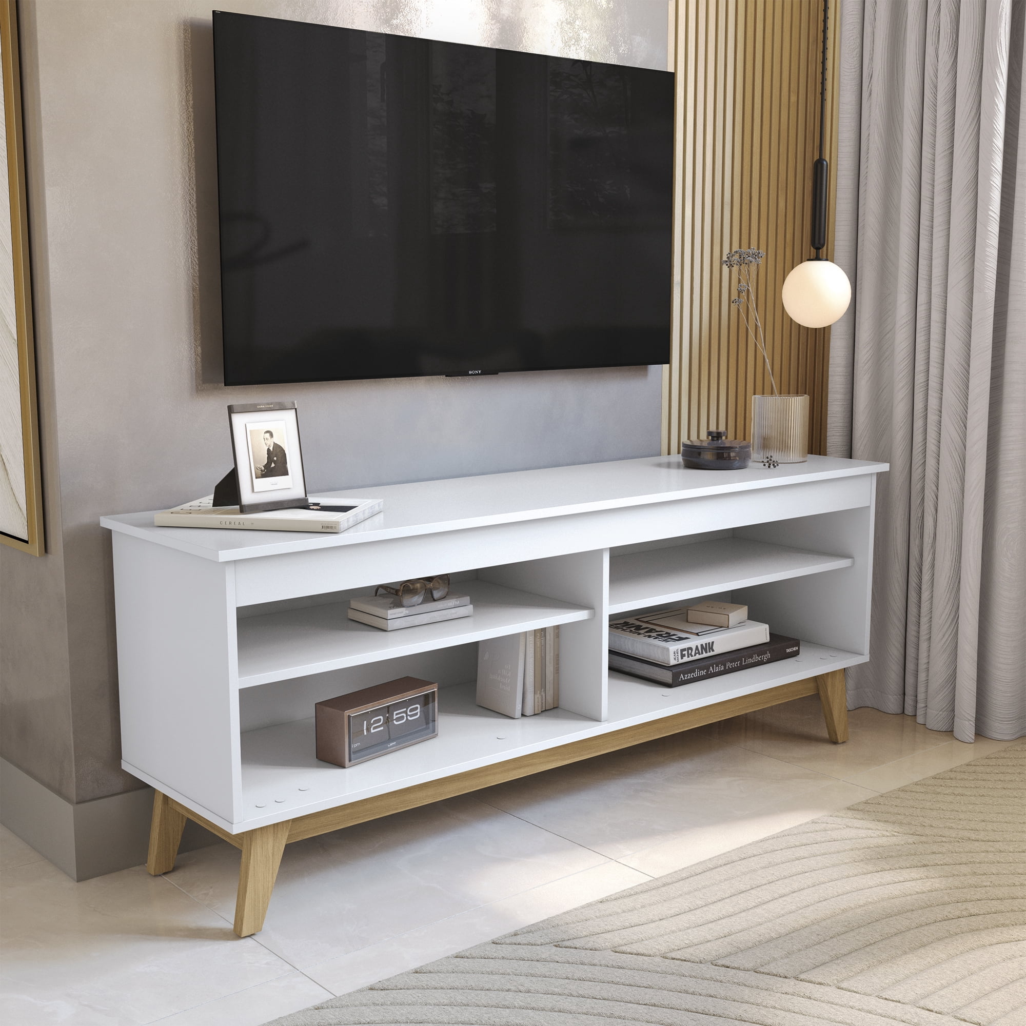 Kappesberg Bergen White 59" W TV Stand, Modern Entertainment Center with Open Storage Shelves, Media Console for Living Room for Adults and Teens
