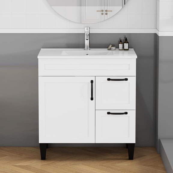 Censi 32″ Bathroom Vanity Cabinet with Ceramic Sink Combo, 1 Door 2 Drawer, Mid-century Mordern Style, White