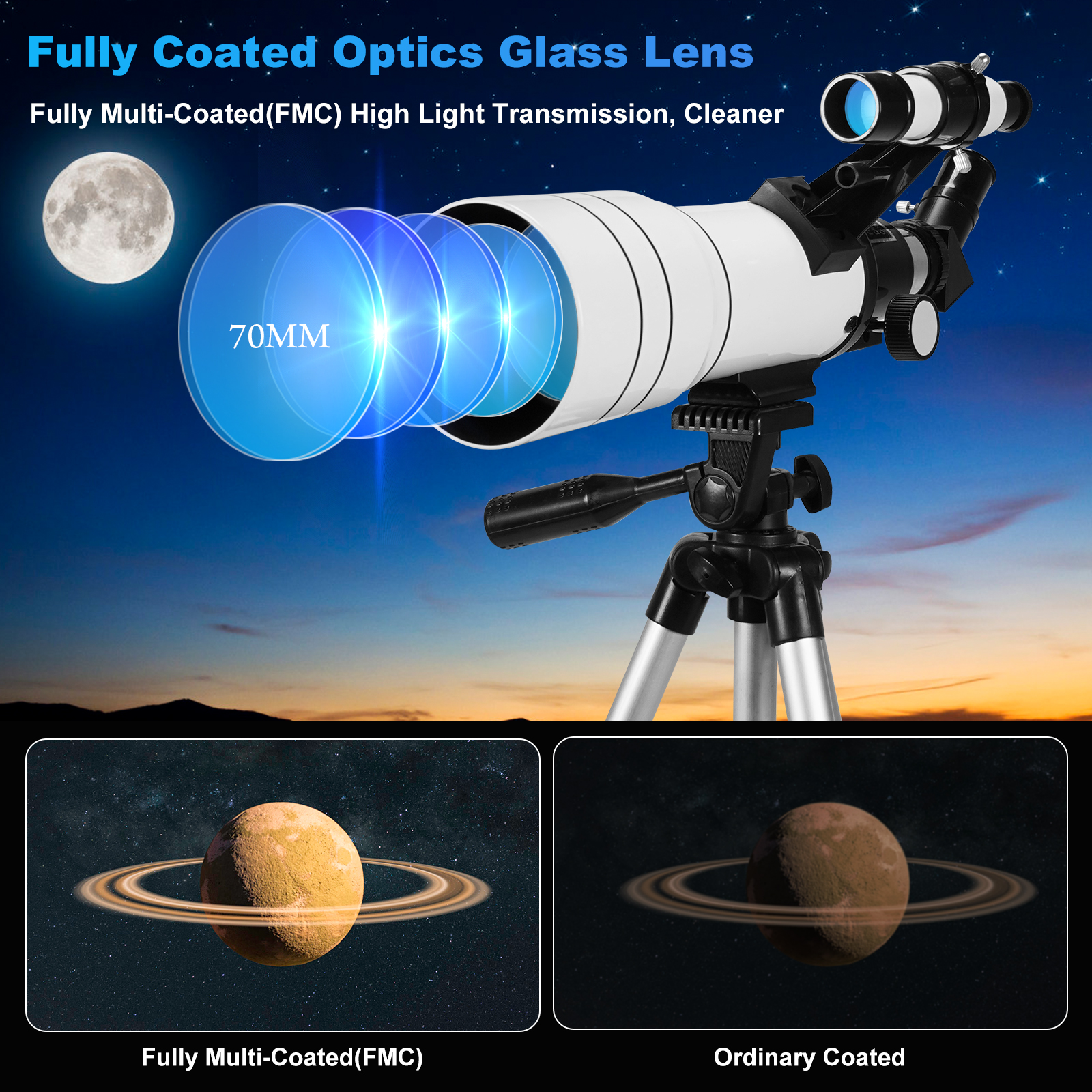 TOPVISION Telescope, 70mm Telescopes for Adults & Kids, 300mm Portable Refractor Telescope (15X-150X) with a Phone Adapter & Adjustable Tripod for Astronomy Beginners, Gift for Kids - image 3 of 10