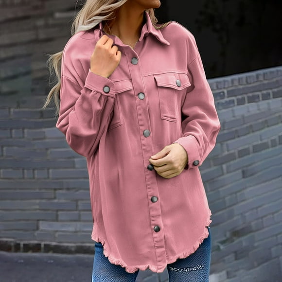 ZJXFGS Jean Jacket Women Denim Jacket for Women Oversized Denim Jacket Women Fashion Casual Women's Fall Jean Shacket Pink M