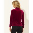 thumbnail image 4 of Blusa de terciopelo para mujer con volantes y cuello alto, manga larga, con botones Vino rojo M, 4 of 5