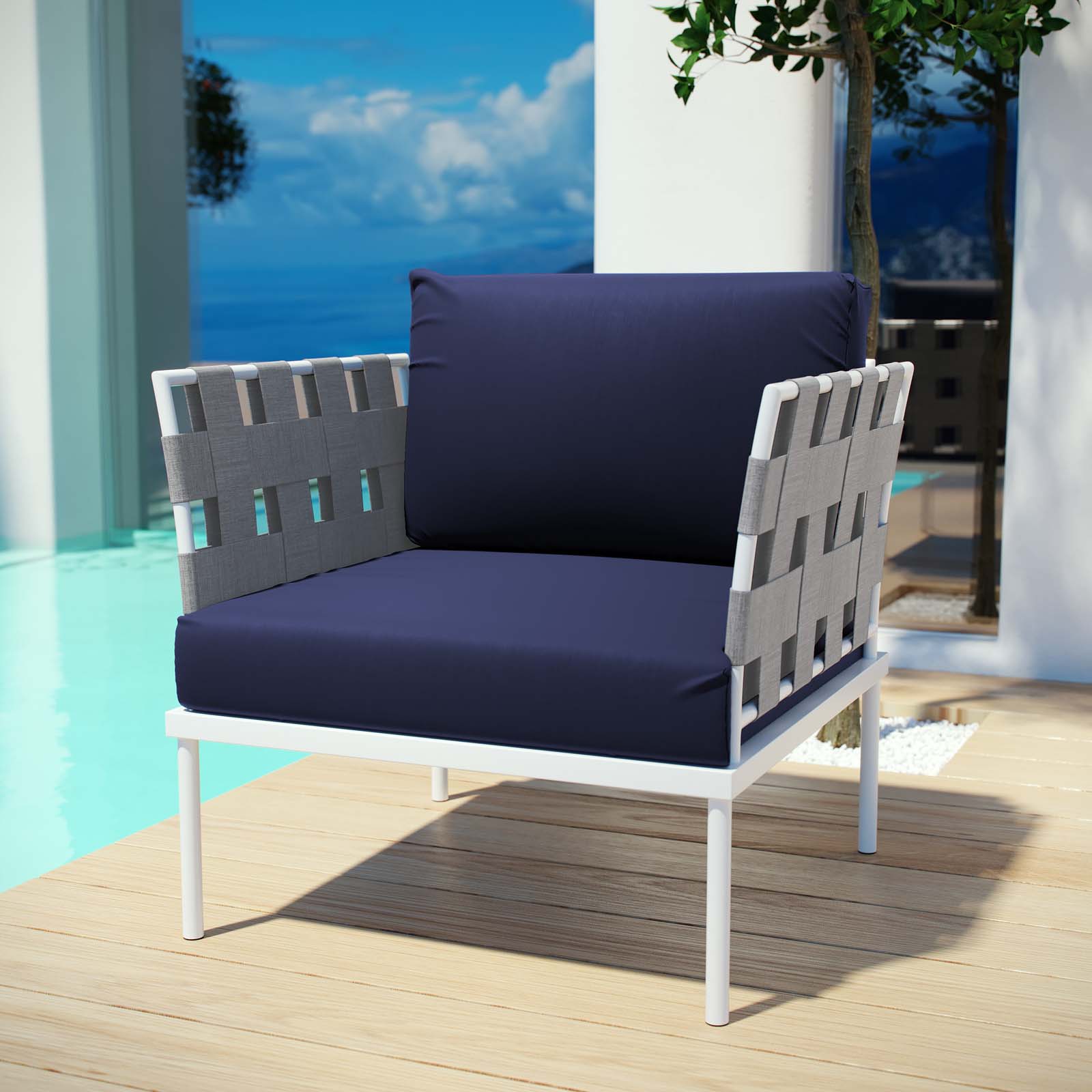Modern Contemporary Urban Design Outdoor Patio Balcony Lounge Chair, Navy Blue White, Rattan - image 2 of 5