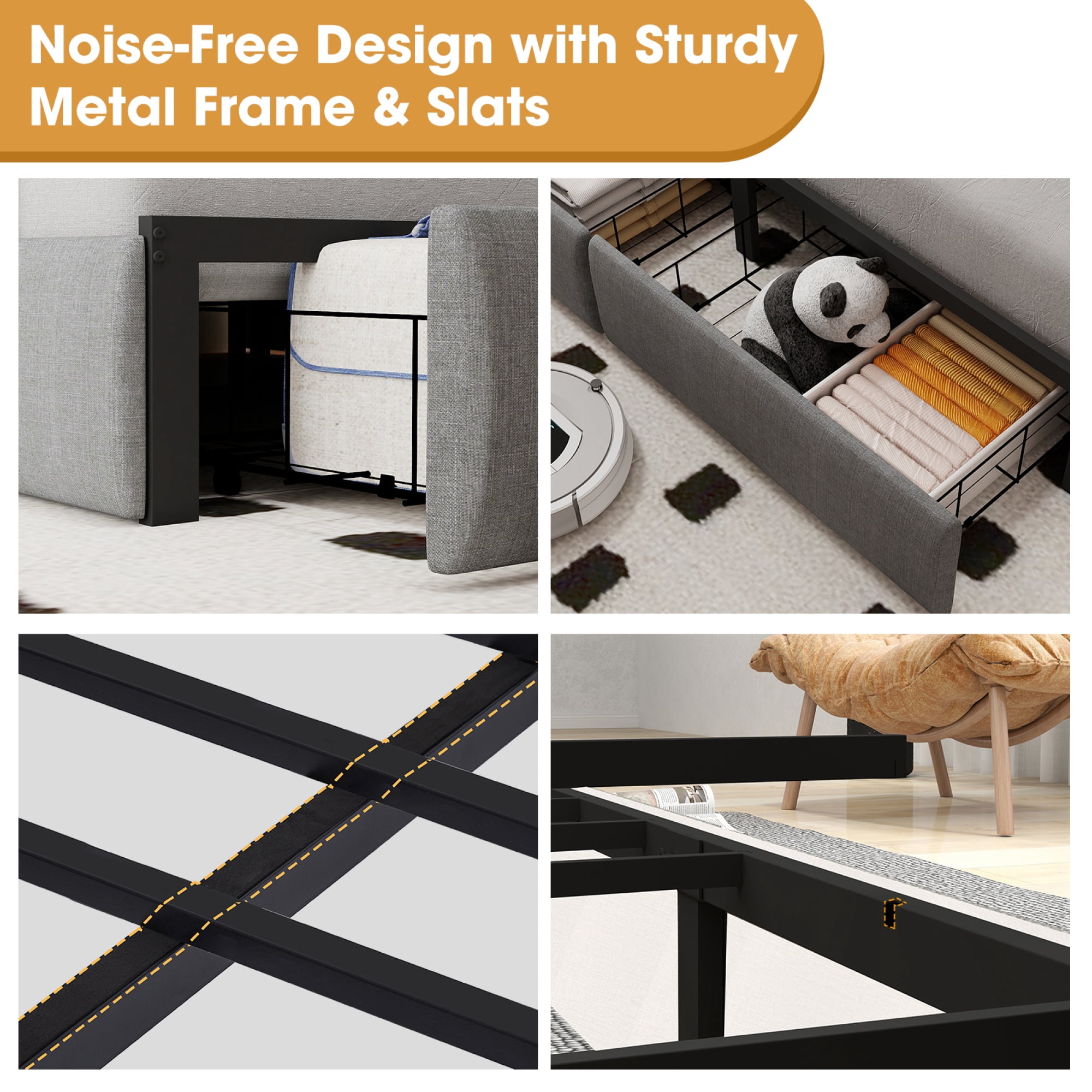 HOQBN Queen Size Metal Platform Bed Frame, Tufted Linen Headboard with 2 Foot Drawers, Remote RGB LED, USB Type-C AC Charging Station, 800LBS Noise Free Slat Support, No Box Spring
