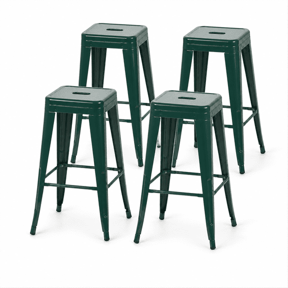 30 Inch Backless Metal Bar Stools, Set of 4, Green, Carry Hole and Four-Sided Footrest