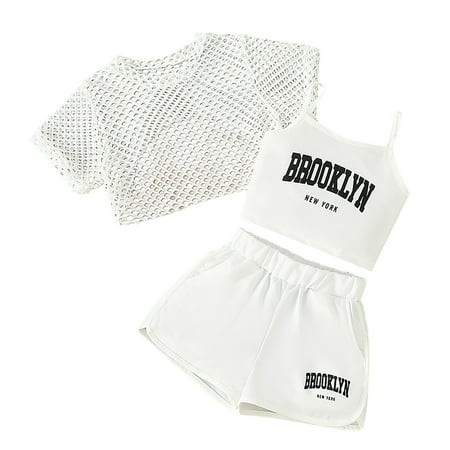 LIIPEE Girls Boys Outfits 3 Piece Short Sleeve Mesh Top Sleeveless Letter Printed Vest Shorts Set Girl Stylish Festival Outfit White 11-12 Years