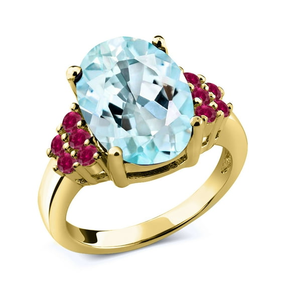 Gem Stone King 6.68 Ct Oval Sky Blue Topaz Red Created Ruby 18K Yellow Gold Plated Silver Ring (Size 7)