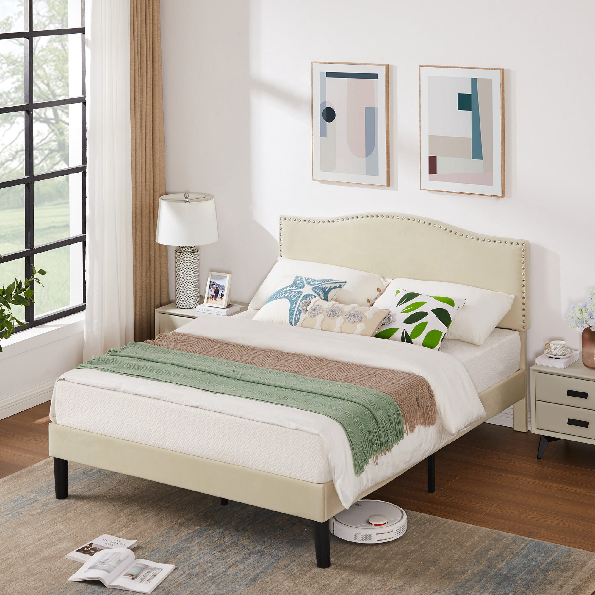 Javlergo Full Size Platform Bed Frame, Upholstered Bed Frame with Adjustable Headboard, No Box Spring Needed, Wooden Slats Support, Mattress Foundation, Beige
