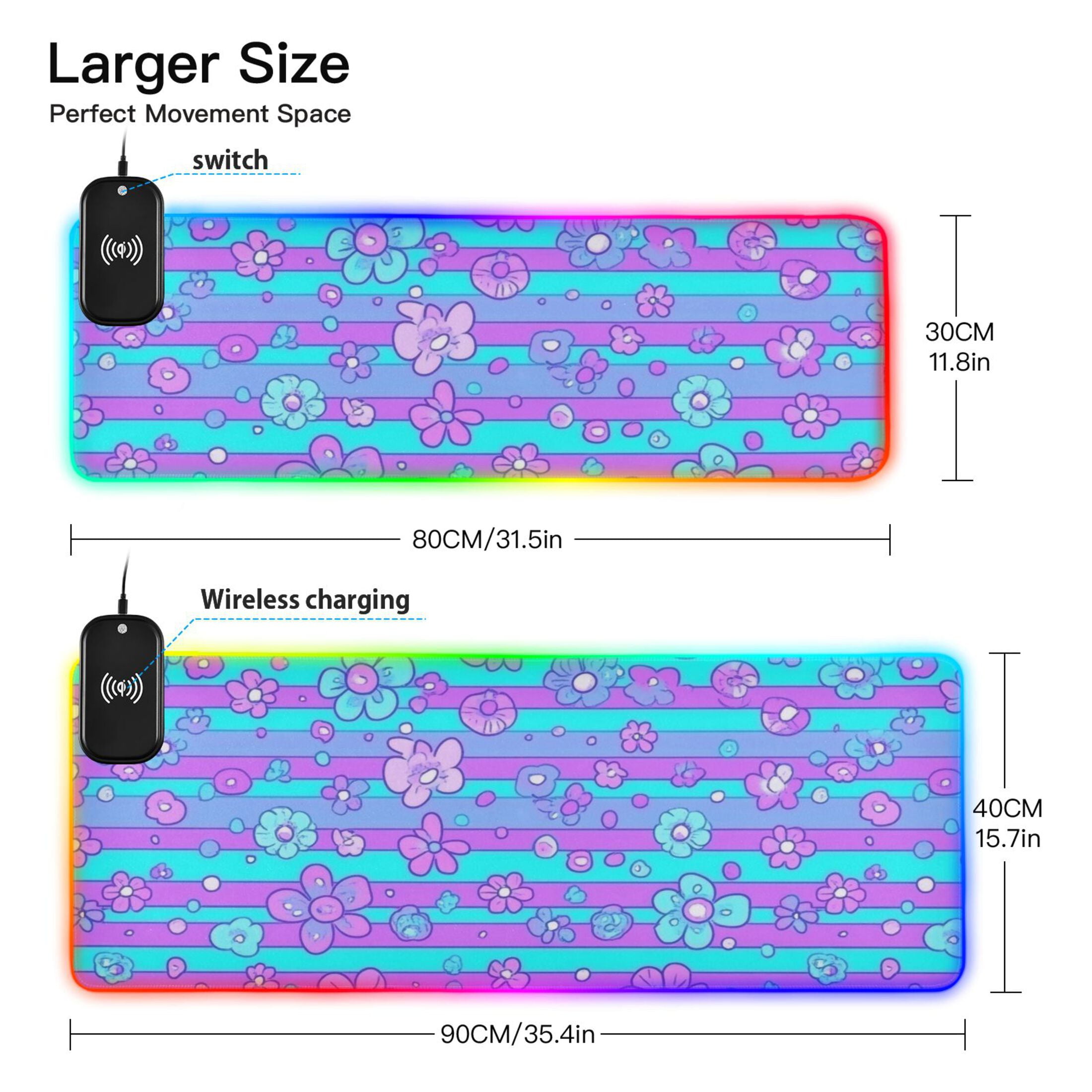 RGB Gaming Mouse Pad 15W Wireless Charging Large Waterproof Desk Mat 13 Light Modes Mousepad 31.5x11.8 Blue Pink Stripes with Flowers