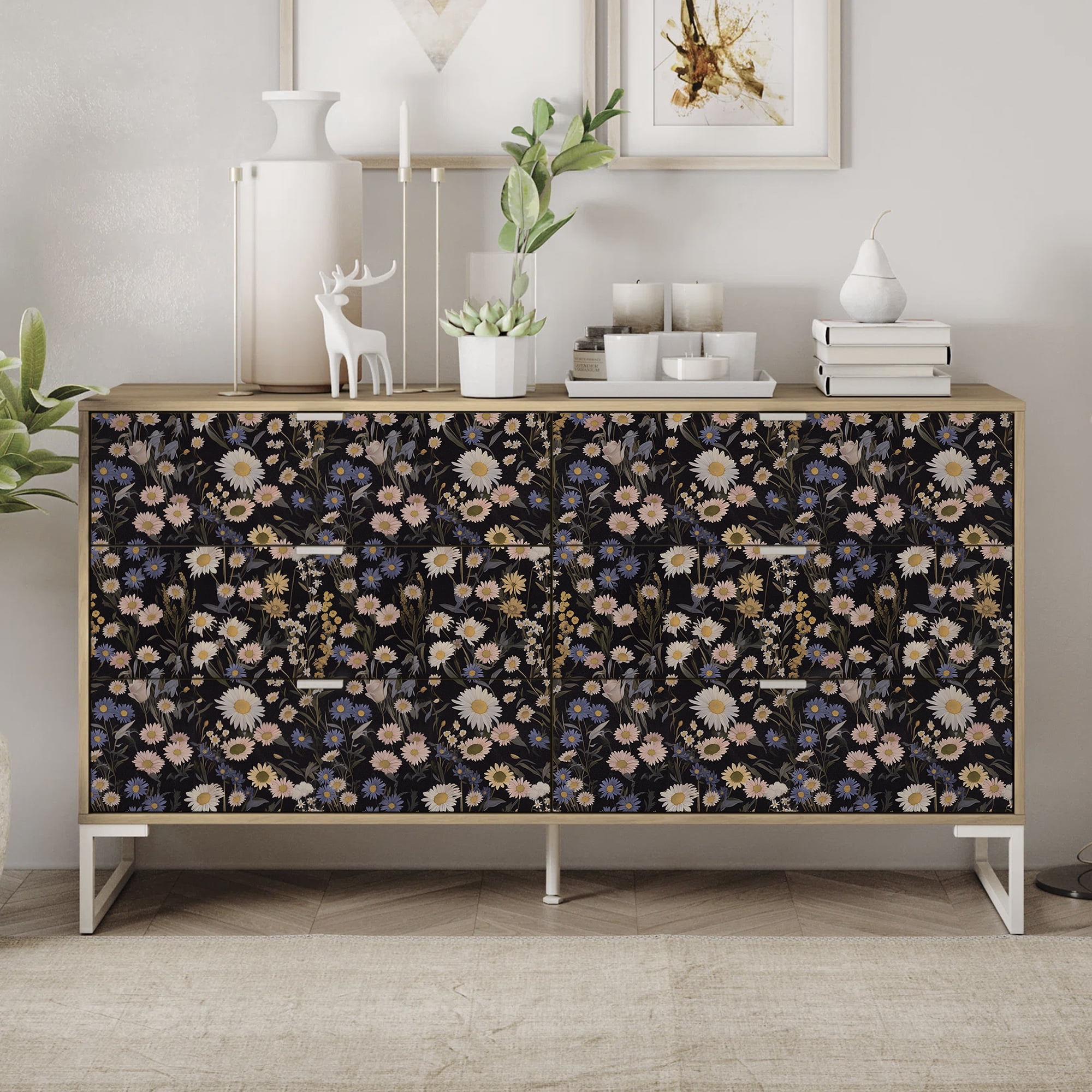 (4 pack) UMIGGEE Floral Wallpaper Peel and Stick Wallpaper Self Adhesive Black Wall Paper Contact Paper 17.3-in x 118-in Home Decor Wall Covering Old Furniture Renovation
