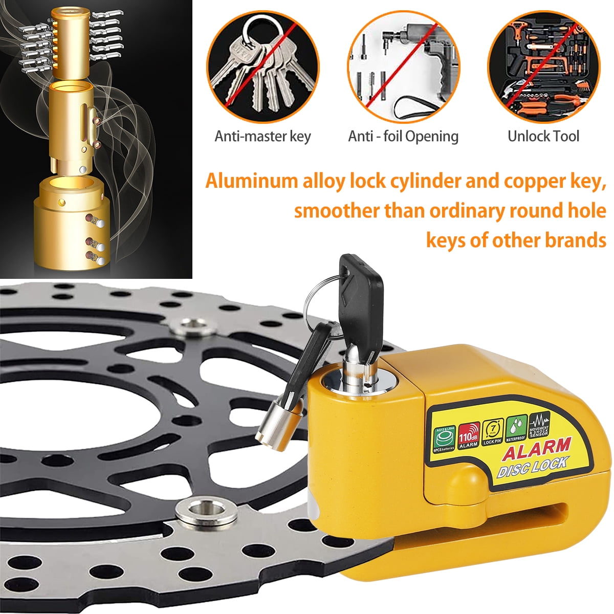 Motorcycle Alarm Disc Brake Lock Anti-theft Motorbike Alarm Padlock 110dB Alarm Sound Security Wheel Disc Lock with Reminder Cable for Motorcycles Bicycles Bikes
