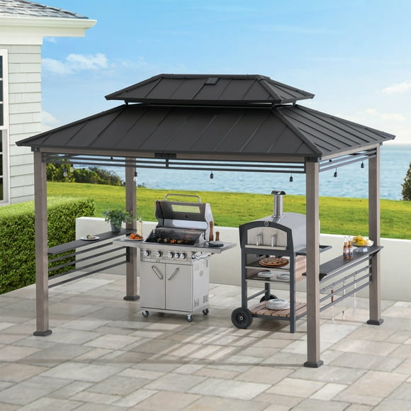 Sunjoy 8 x 12 Pi Gazebo Tonnelle extérieur Gazebo avec toit rigide Barbecue Cadre en, noir