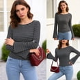 thumbnail image 2 of Womens Long Bell Sleeve Shirts Crewneck Striped Knit Tops Casual Fitted T Shirts Spring Outfits, 2 of 7