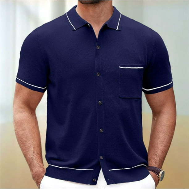 pstuiky camiseta de hombre, Camisa de punto con botones y manga corta para hombre, chaqueta fina con cuello vuelto camisetas de hombre l
