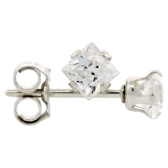Sterling Silver Cubic Zirconia Square Earrings Studs 4 Prong 3 mm Princess cut 1/5 carats/pair