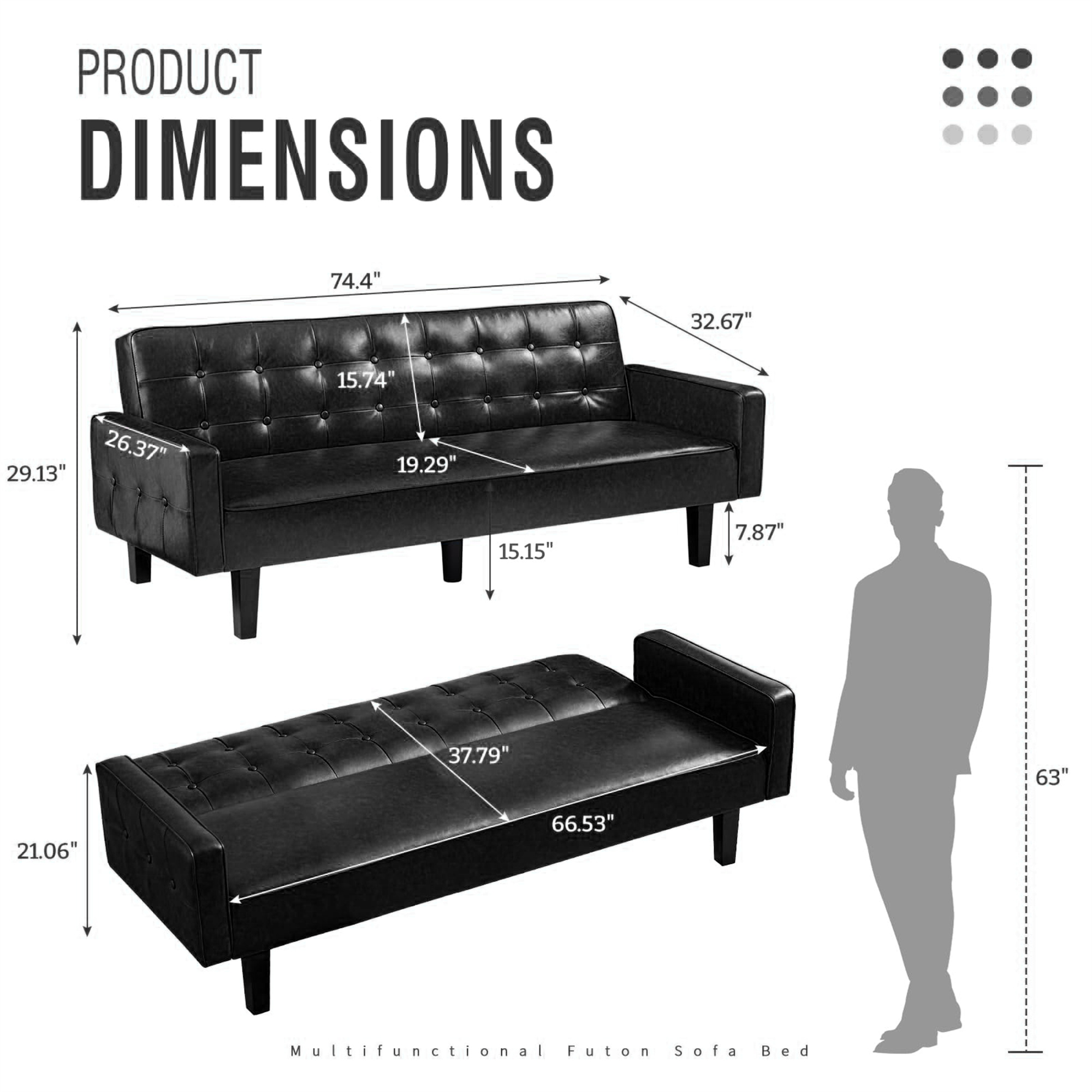 Aukfa 75" Button-Tufted Futon Convertible Sofa Bed for Home Office, Leather, Black