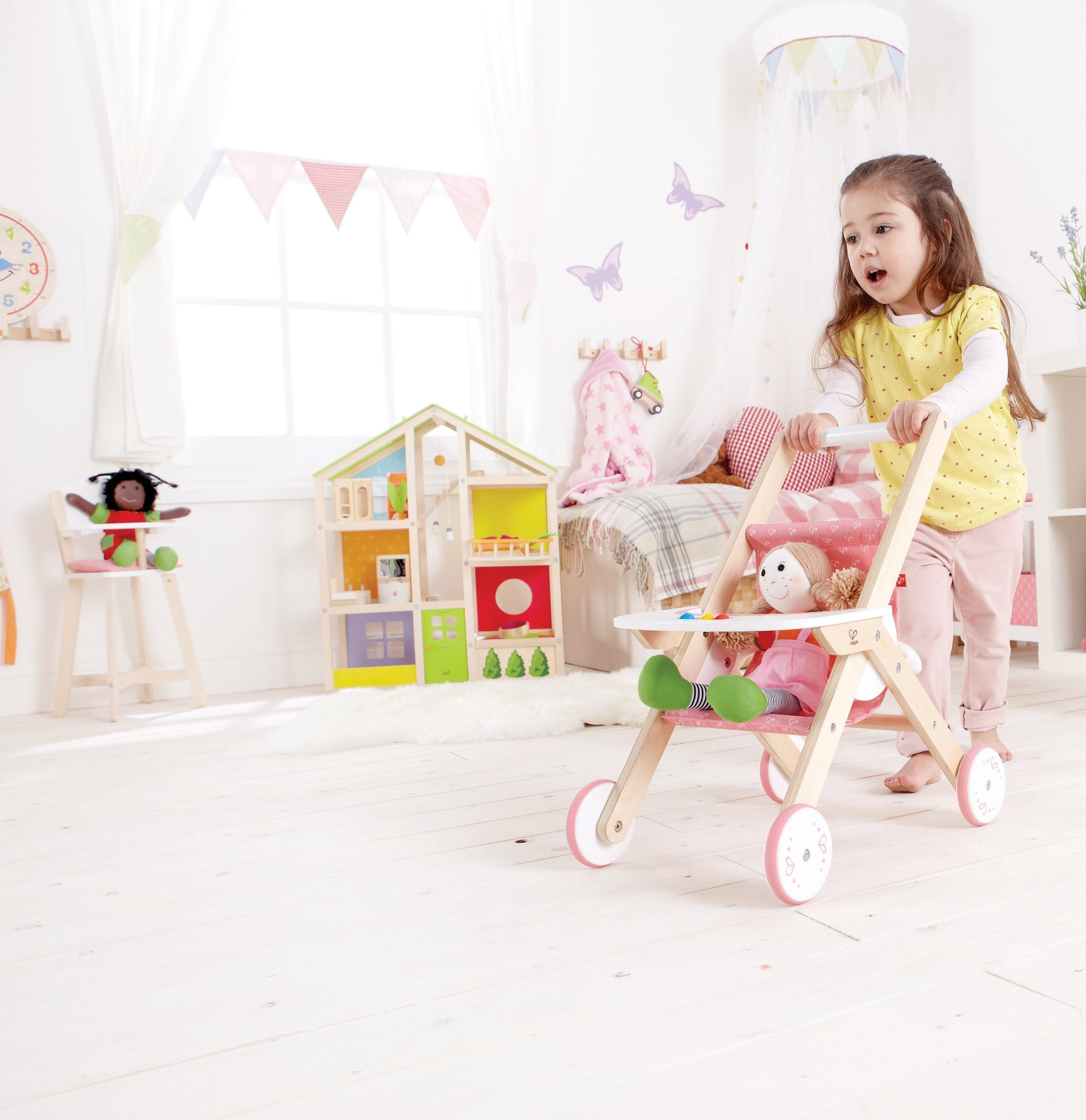 Hape Kids Wooden Babydoll Stroller Baby Toddler Pretend Toy Play Furniture 