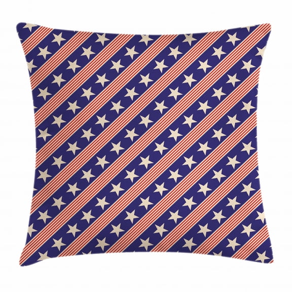 Primitive Country Decor Throw Pillow Cushion Cover, Patriotic Star Pattern in Diagonal Stripes National Theme, Decorative Square Accent Pillow Case, 20 X 20 Inches, Navy Coral Cream, by Ambesonne